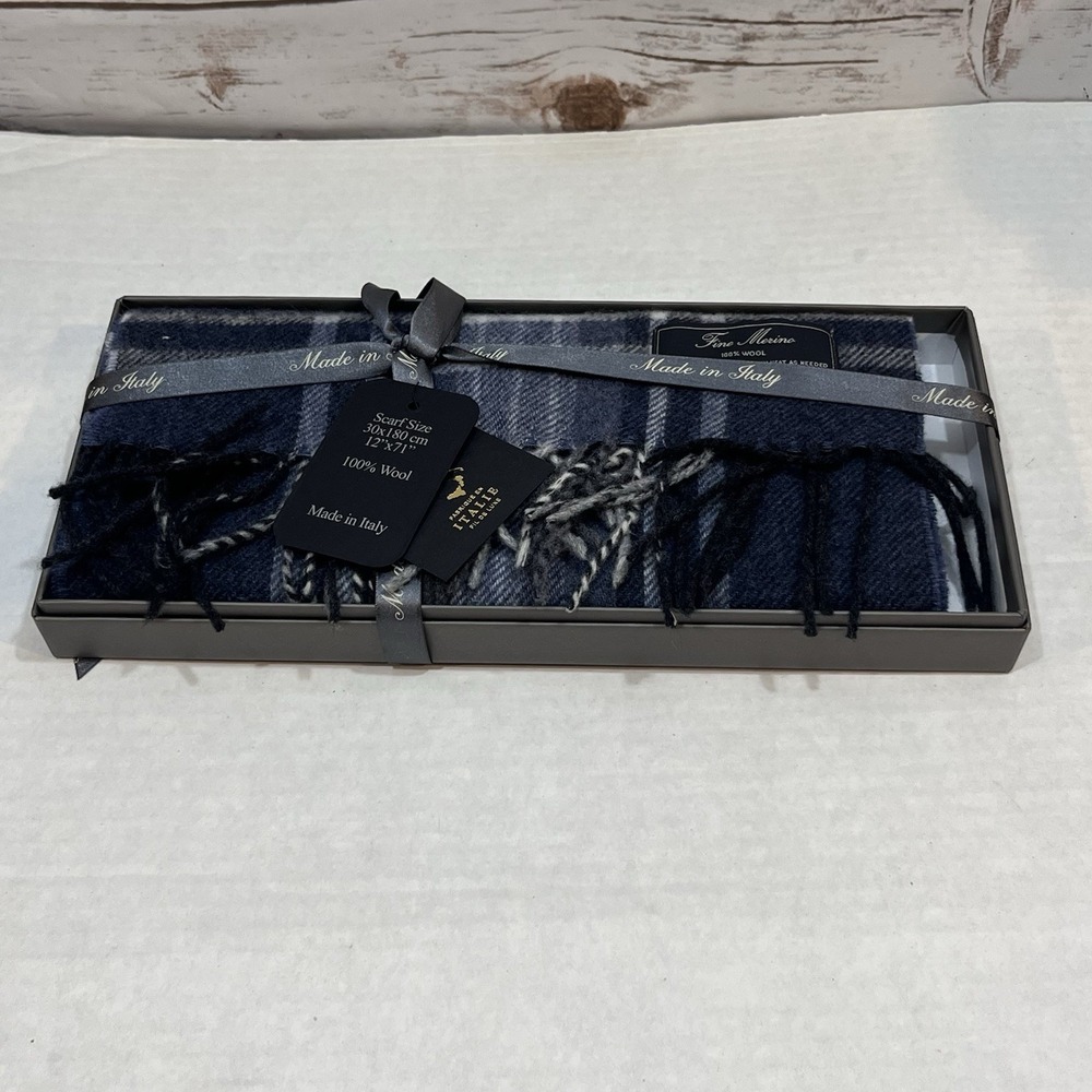 NWT Linea Emmeti Scarf Navy Blue Plaid 100% Merino Wool 12" x 71" Made In Italy